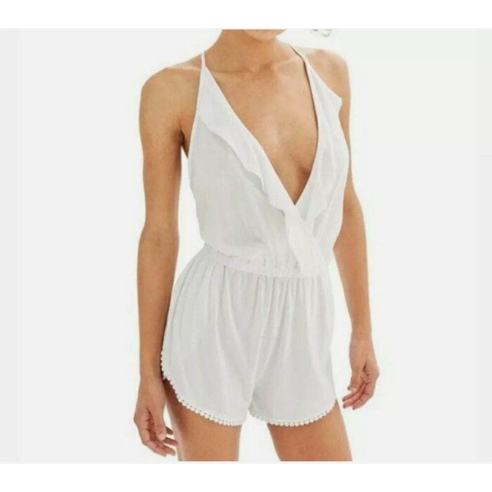NWT Topshop Ruffle Accents Deep V White Romper Cover-Up Size Small